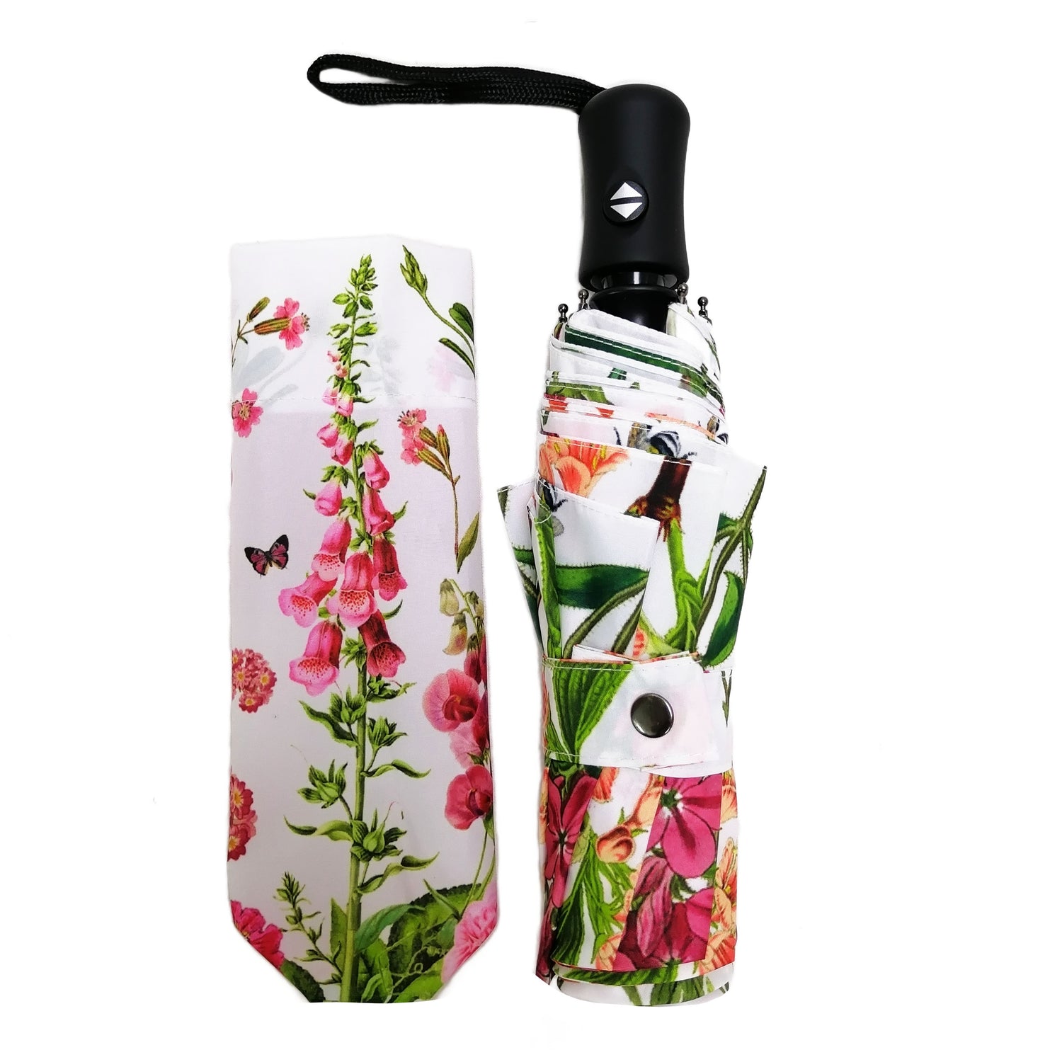 Rosehip Design Folding Umbrella is a sturdy, practical and waterproof rain umbrella with an auto pop-up button, perfectly sized for your car, bag or pocket. Beat the blues with our Sweet Peas design - a vibrant mix of pinks, greens and reds.