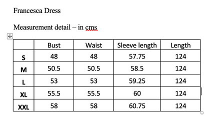 Rosehip Design Francesca Dress Cobalt Sizing Guide