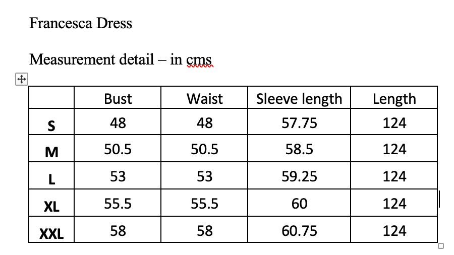 Rosehip Design Francesca Dress Marigolds Sizing Guide