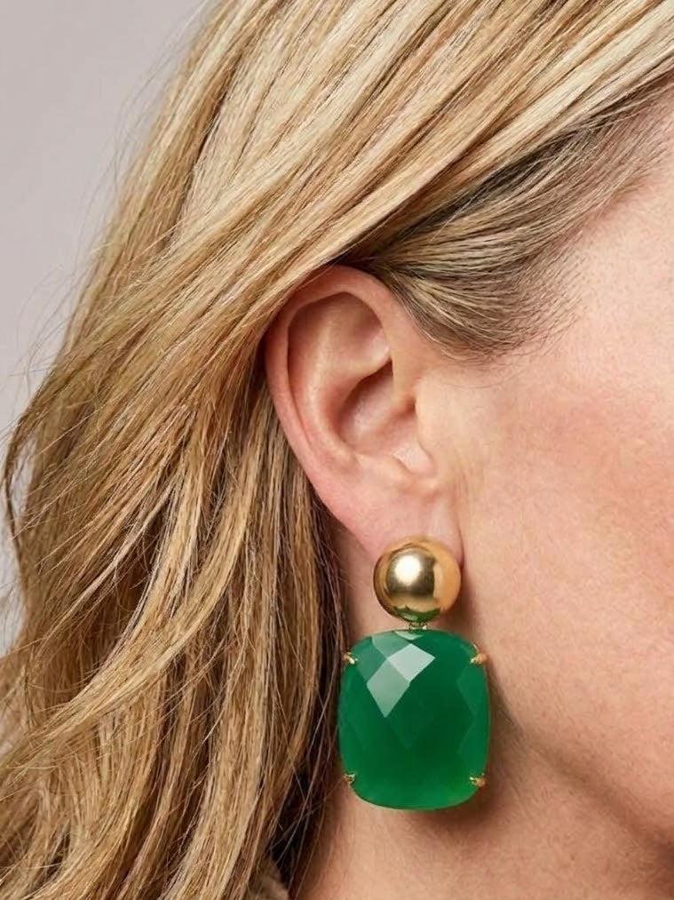 Green Onyx and Gold dome Earrings