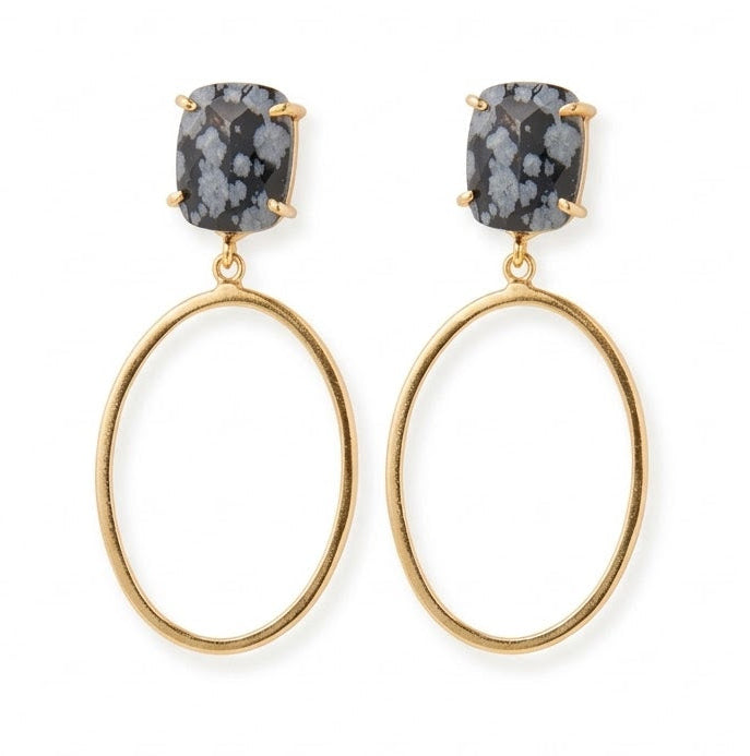 A pair of gold drop earrings featuring a rectangular black and labroradite stone stud at the top and a large open oval dangle below, shown on a plain white background.
