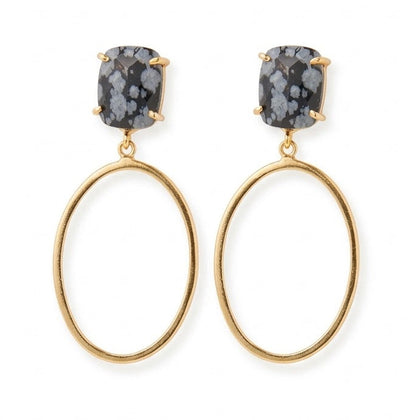 A pair of gold drop earrings featuring a rectangular black and labroradite stone stud at the top and a large open oval dangle below, shown on a plain white background.