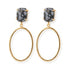 A pair of gold drop earrings featuring a rectangular black and labroradite stone stud at the top and a large open oval dangle below, shown on a plain white background.