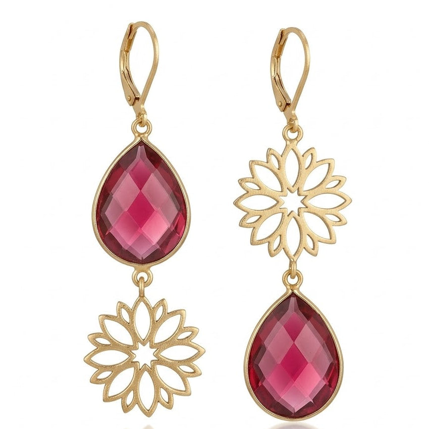 A-symmetric pink quarz flower earrings