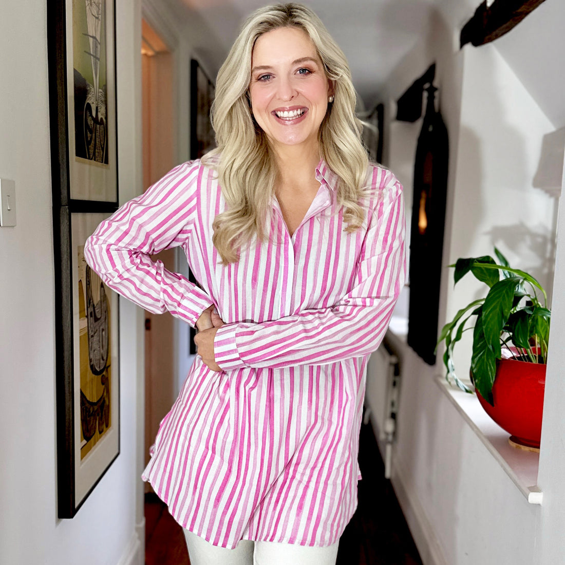 Rosehip Design Julia is a tunic style shirt with playful pink, washed stripes. It&