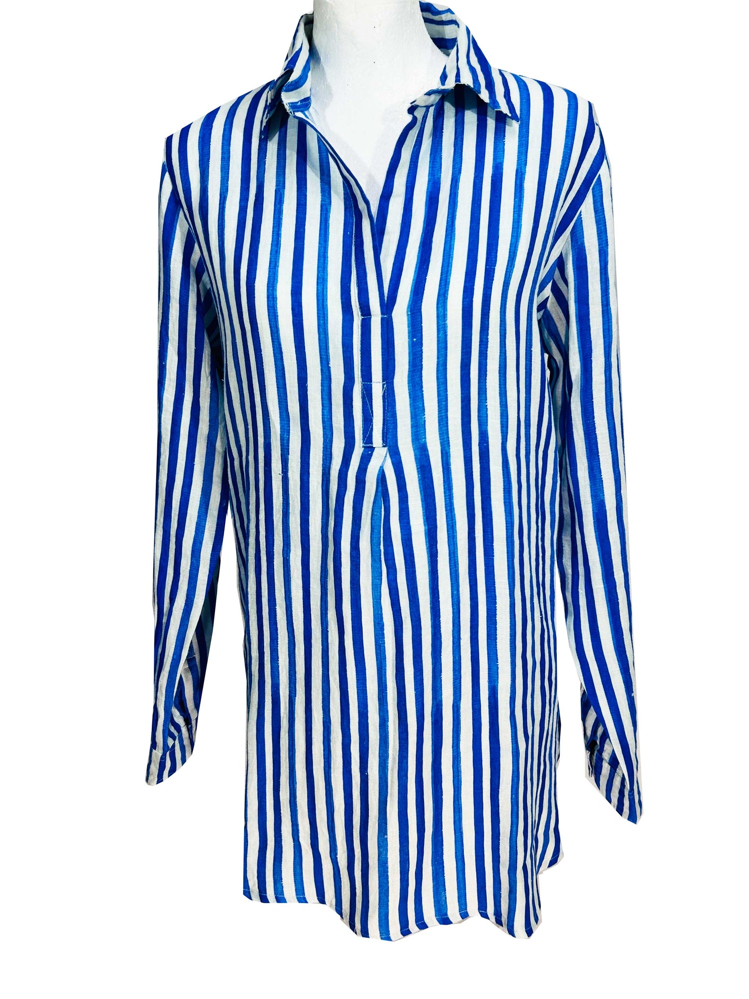 Rosehip Design Julia is a tunic style shirt with bold blue, washed stripes. It&