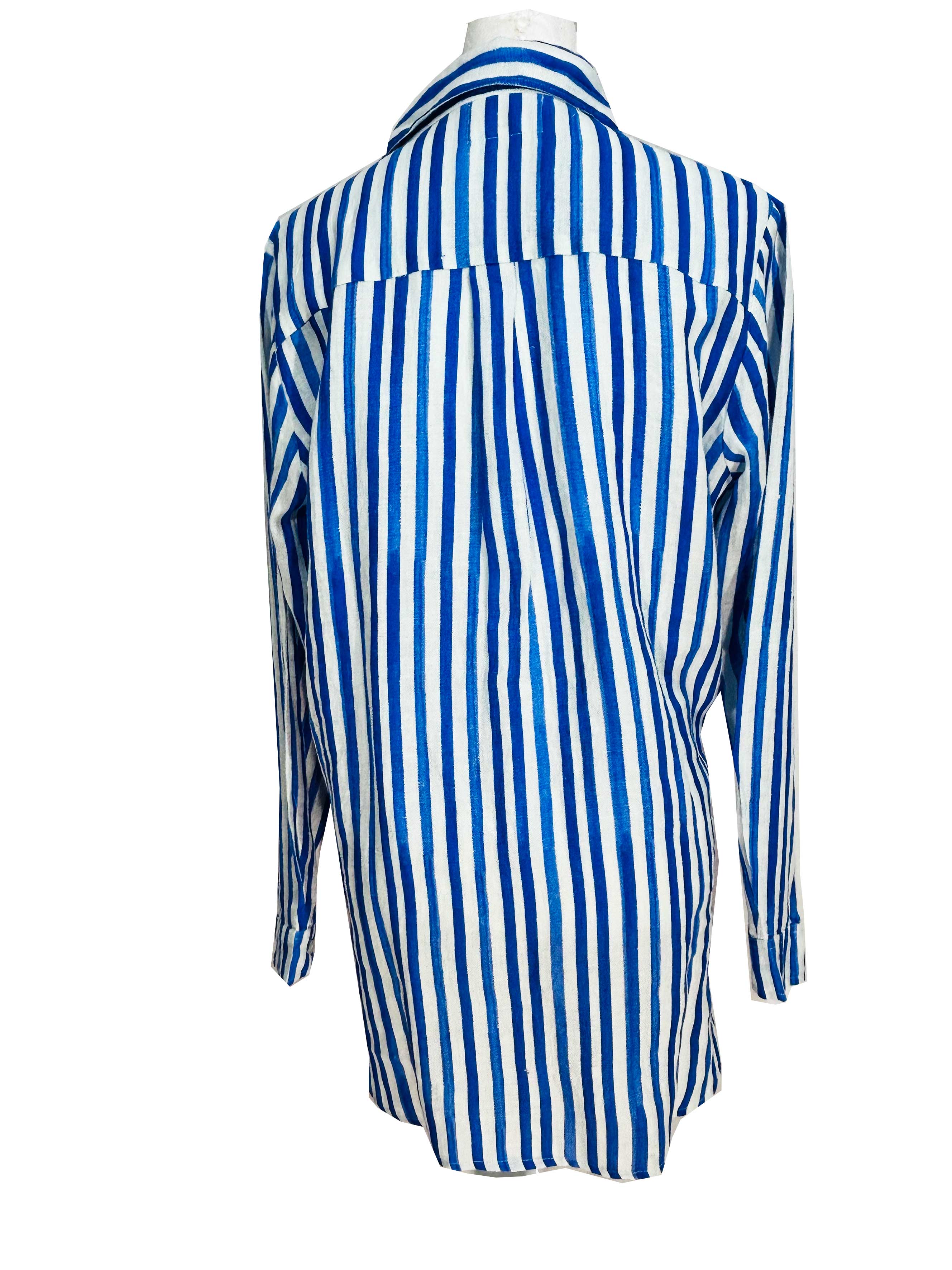 Rosehip Design Julia is a tunic style shirt with bold blue, washed stripes. It&