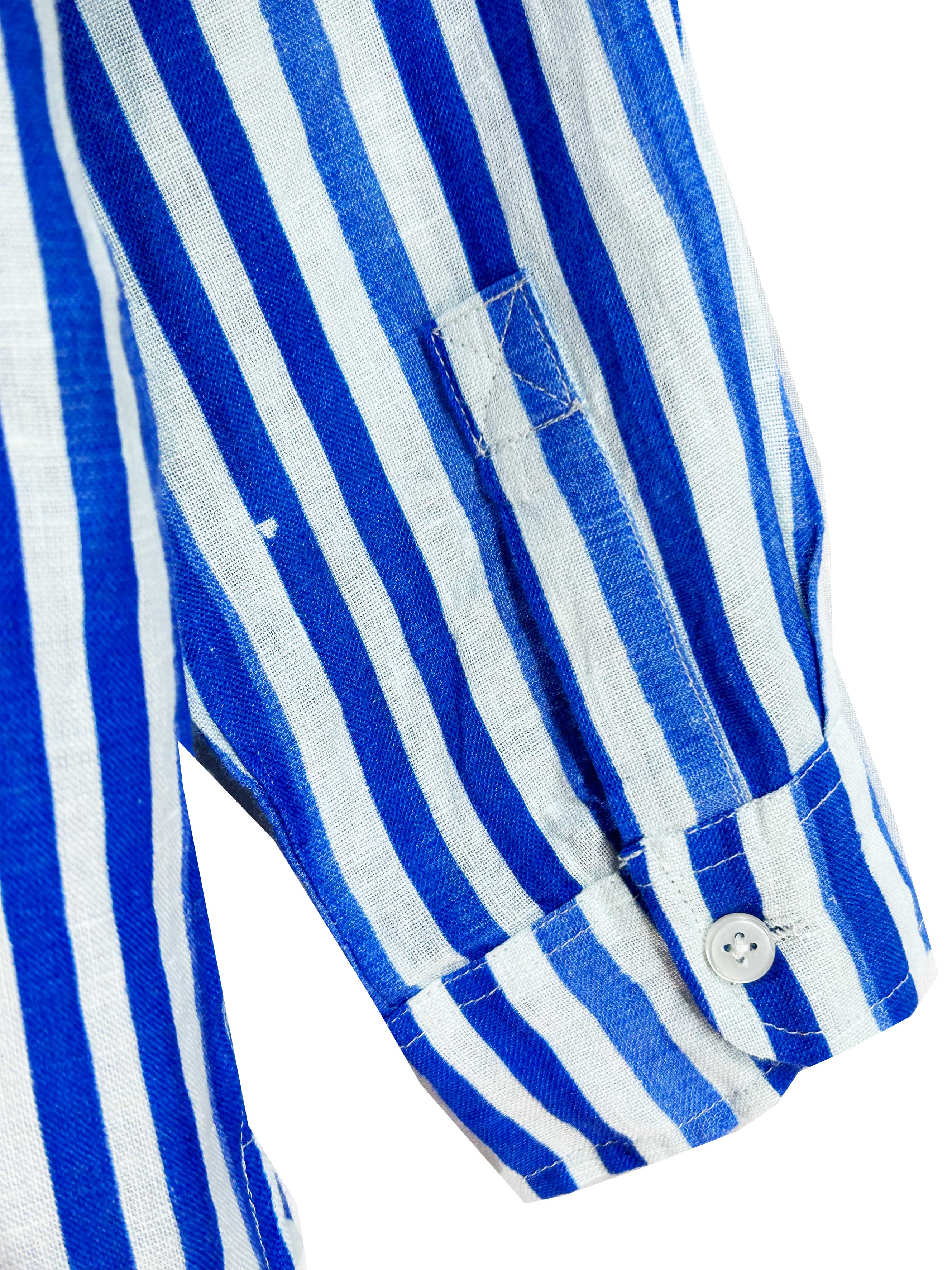 Rosehip Design Julia is a tunic style shirt with bold blue, washed stripes. It&