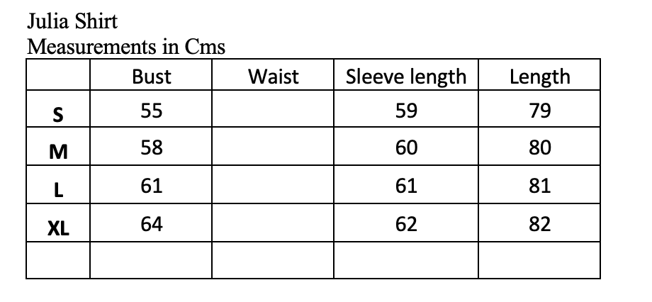 Rosehip Design Julia Shirt Sizing Guide