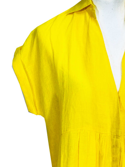 Rosehip Design Kate is an elegant summer dress made from 100% Linen in a bright and beautiful, sunny Yellow colour. It has short, cuffed sleeves, hidden buttons down the front, a few pleats under the bust and curved side slits. 