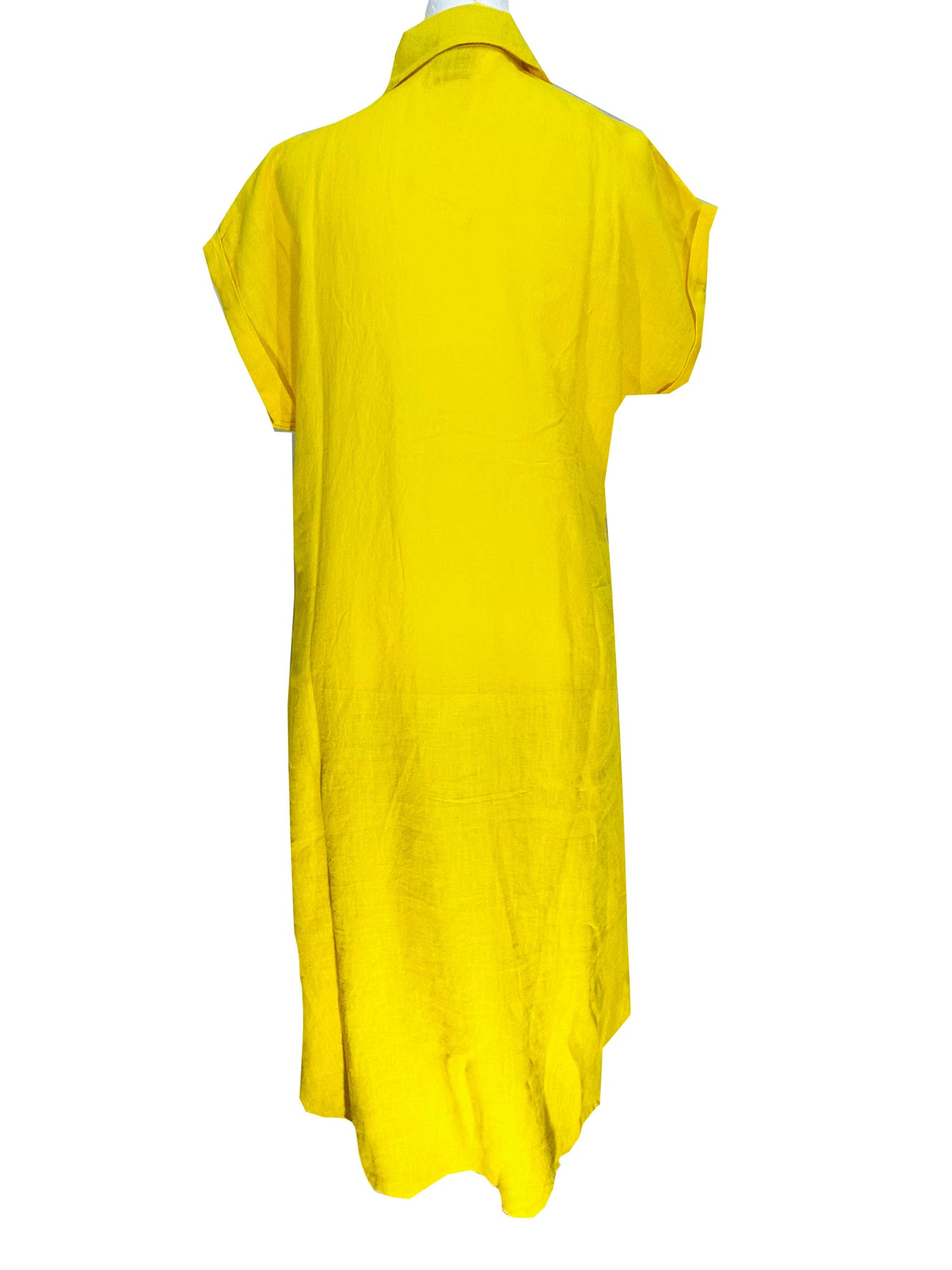 Rosehip Design Kate is an elegant summer dress made from 100% Linen in a bright and beautiful, sunny Yellow colour. It has short, cuffed sleeves, hidden buttons down the front, a few pleats under the bust and curved side slits. 