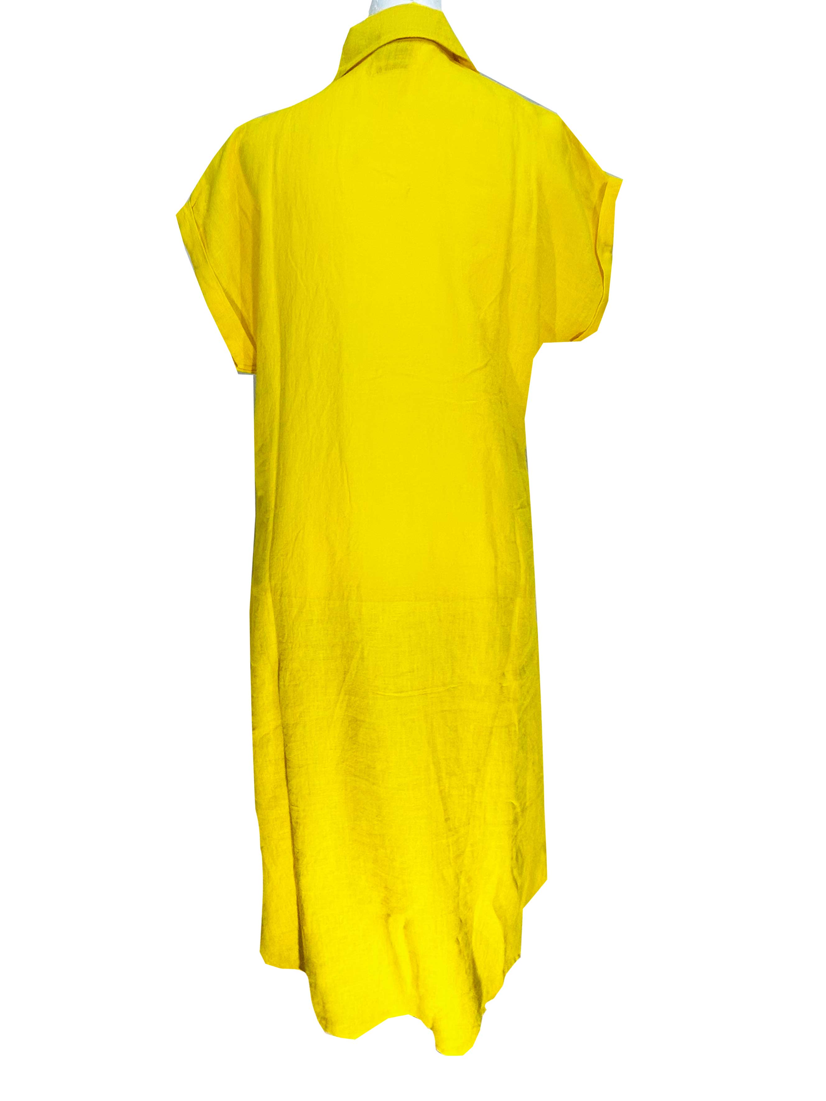 Rosehip Design Kate is an elegant summer dress made from 100% Linen in a bright and beautiful, sunny Yellow colour. It has short, cuffed sleeves, hidden buttons down the front, a few pleats under the bust and curved side slits. 