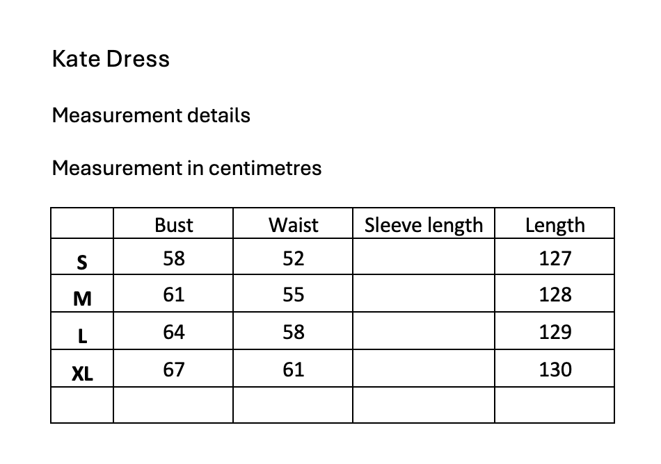 Rosehip Design Kate Dress Sizing Guide