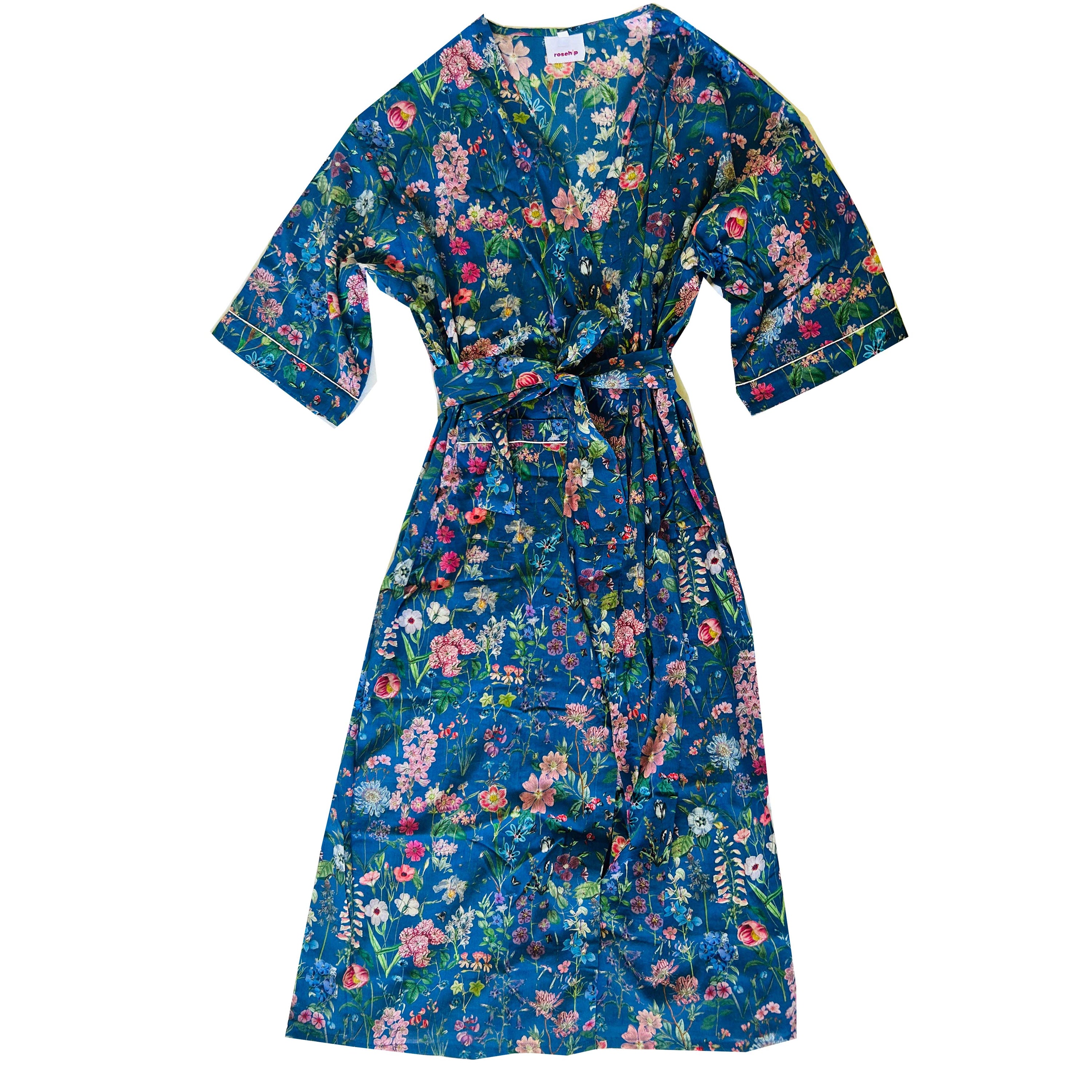 Rosehip Design Kimono is a fabulous long cotton voile robe, printed in our bold Horsley Navy design. They are generously sized and designed to be ankle length. Made from delicate, soft 100% Indian cotton packaged in a matching cotton bag - lovely for gifting!