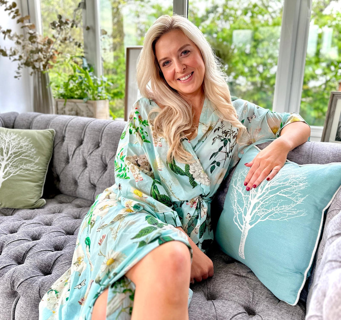 Rosehip Design Kimono is a fabulous long cotton voile robe, printed in our dreamy Heavenly Aqua design. They are generously sized and designed to be ankle length. Made from delicate, soft 100% Indian cotton packaged in a matching cotton bag - lovely for gifting!