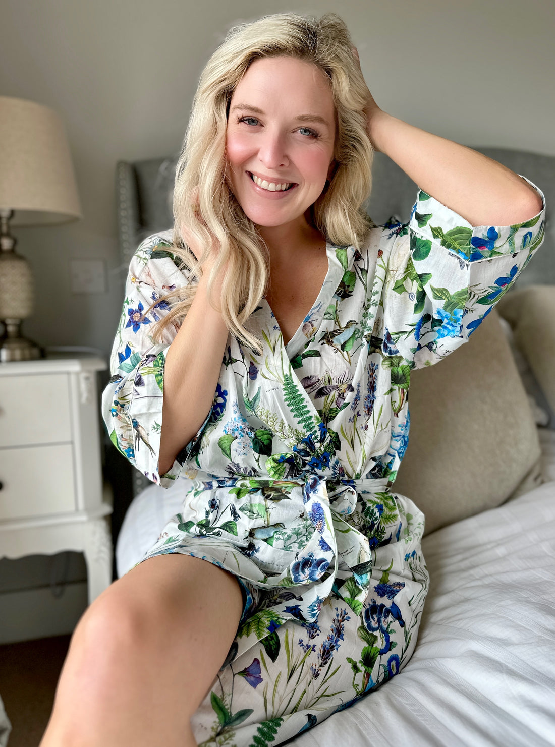 Rosehip Design Kimono is a fabulous long cotton voile robe, printed in our timeless Moody Blues design. They are generously sized and designed to be ankle length. Made from delicate, soft 100% Indian cotton packaged in a matching cotton bag - lovely for gifting!