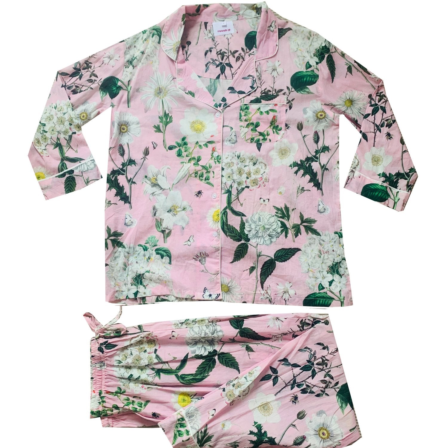 Rosehip Design Long Pyjamas in our pretty Heavenly Rose print are made from 100% soft Indian cotton voile. The cuffs have contrast piping and the bottoms have drawstring as well as elastic. They are a comfy fit and come packaged in a matching drawstring bag.