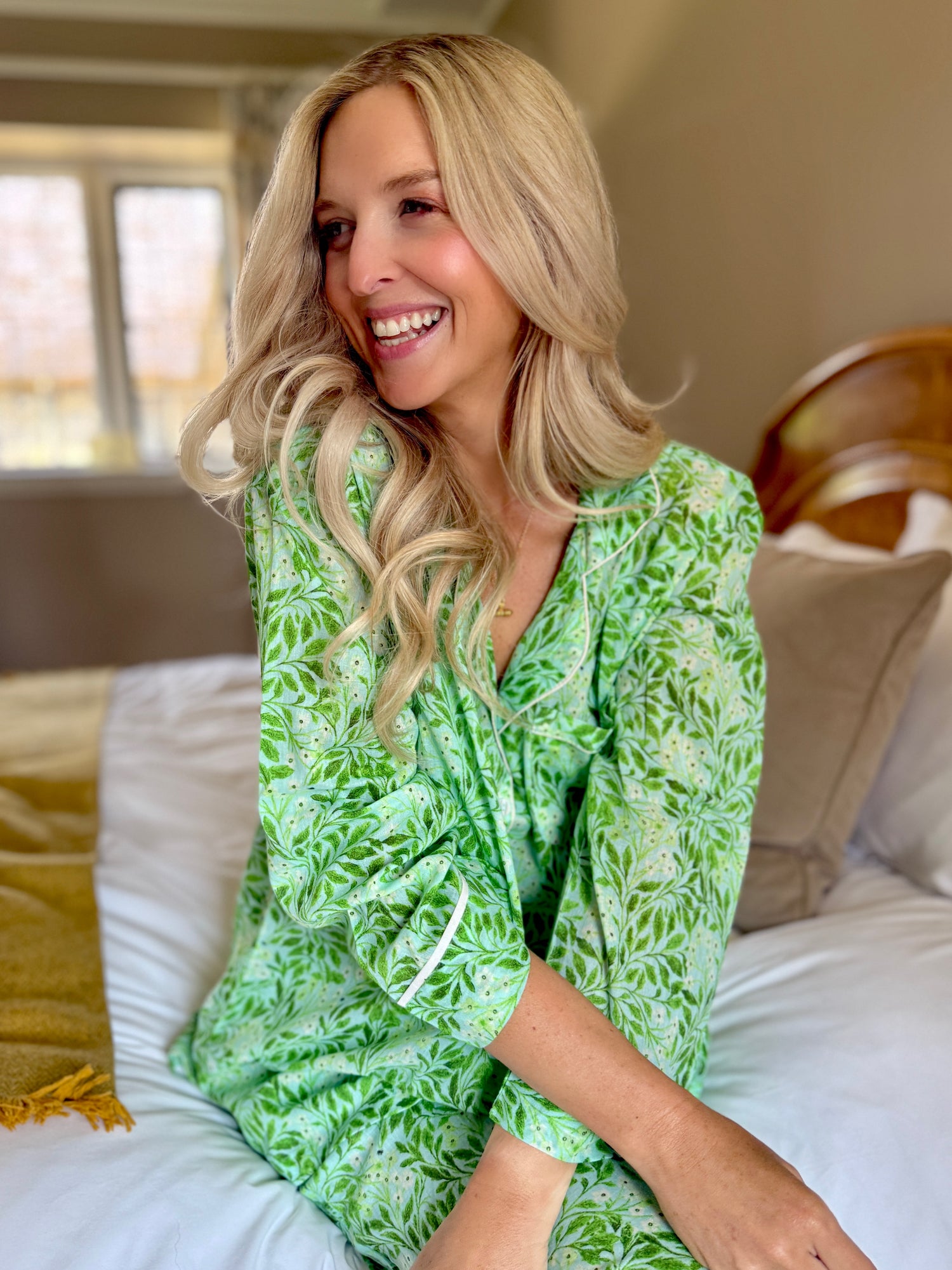 Rosehip Design Long Pyjamas in our verdant Hedgerow print are made from 100% soft Indian cotton voile. The cuffs have contrast piping and the bottoms have drawstring as well as elastic. They are a comfy fit and come packaged in a matching drawstring bag.