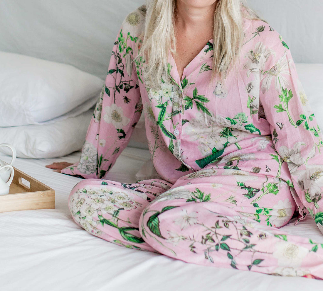 Rosehip Design Long Pyjamas in our calming Heavenly Rose print are made from 100% soft Indian cotton voile. The cuffs have contrast piping and the bottoms have drawstring as well as elastic. They are a comfy fit and come packaged in a matching drawstring bag.