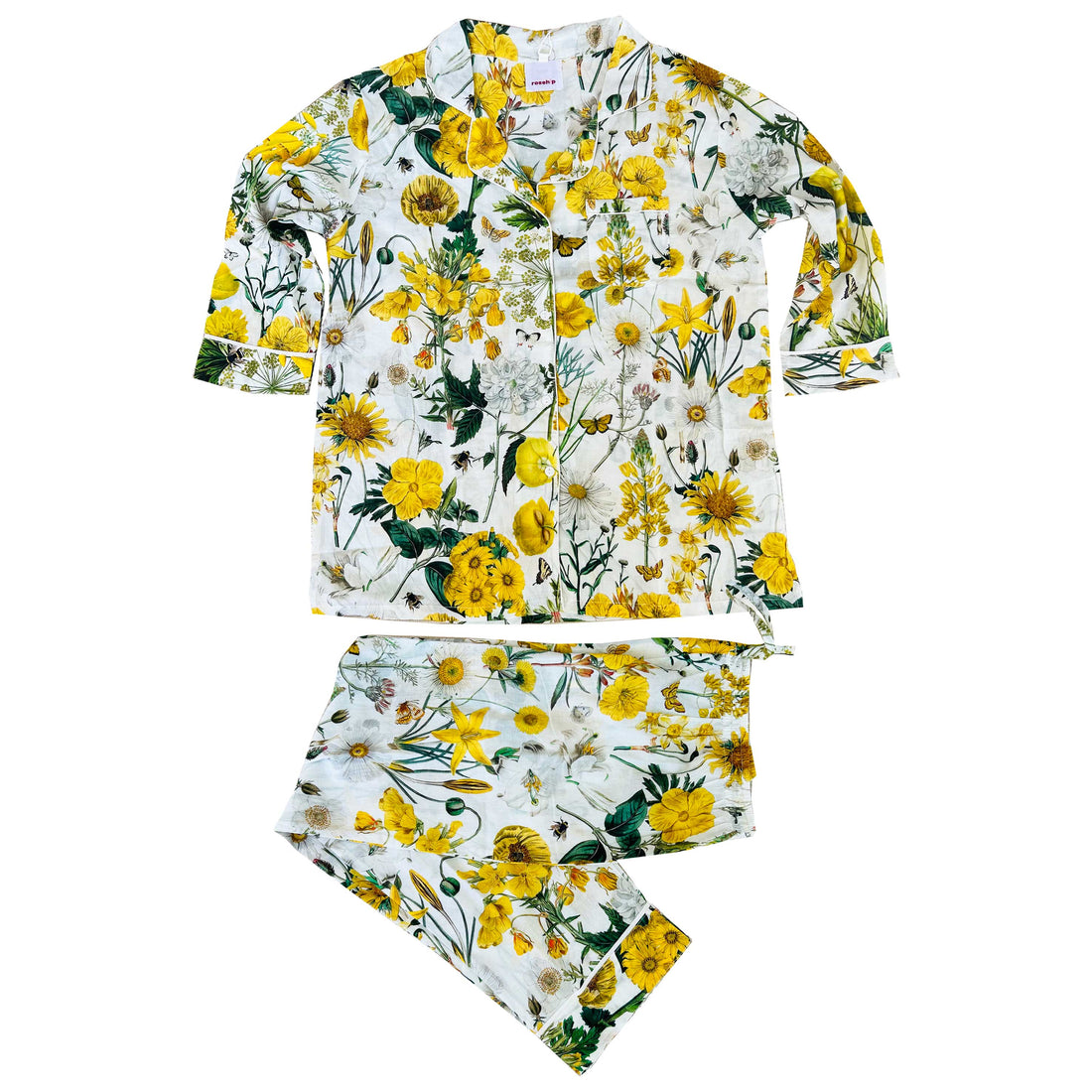 Rosehip Design Long Pyjamas in our sunny Mellow Yellow print are made from 100% soft Indian cotton voile. The cuffs have contrast piping and the bottoms have drawstring as well as elastic. They are a comfy fit and come packaged in a matching drawstring bag.