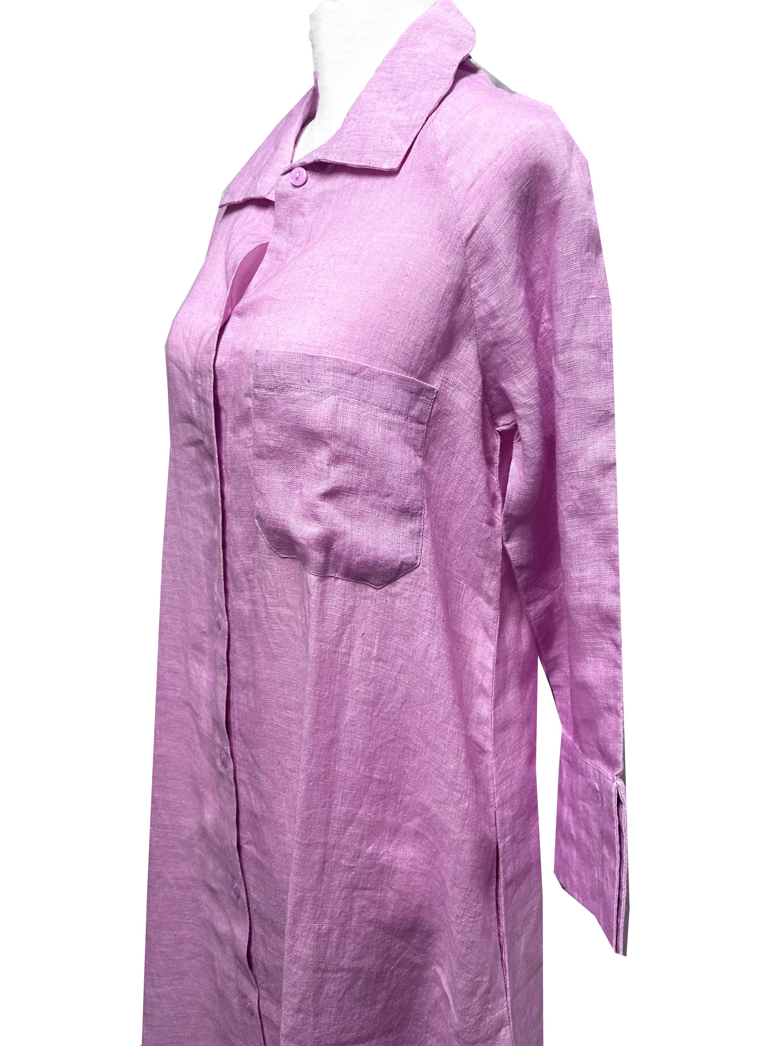 Rosehip Design Lucy Dress is a classic Shirt dress with 3/4 length sleeves, side pockets, front buttons and curved side slits. Made from 100% Linen in vivid Lilac.
