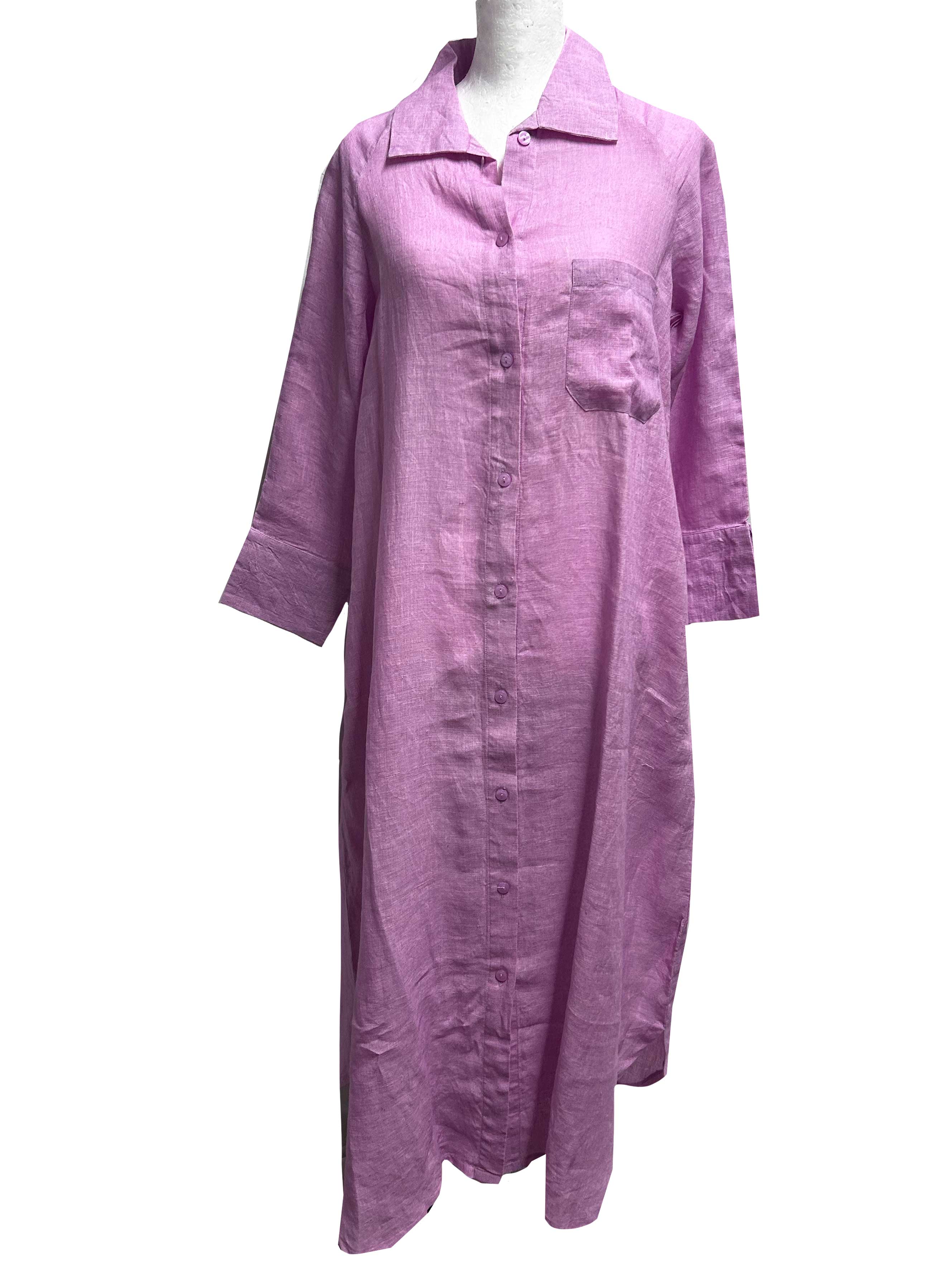 Rosehip Design Lucy Dress is a classic Shirt dress with 3/4 length sleeves, side pockets, front buttons and curved side slits. Made from 100% Linen in vivid Lilac.