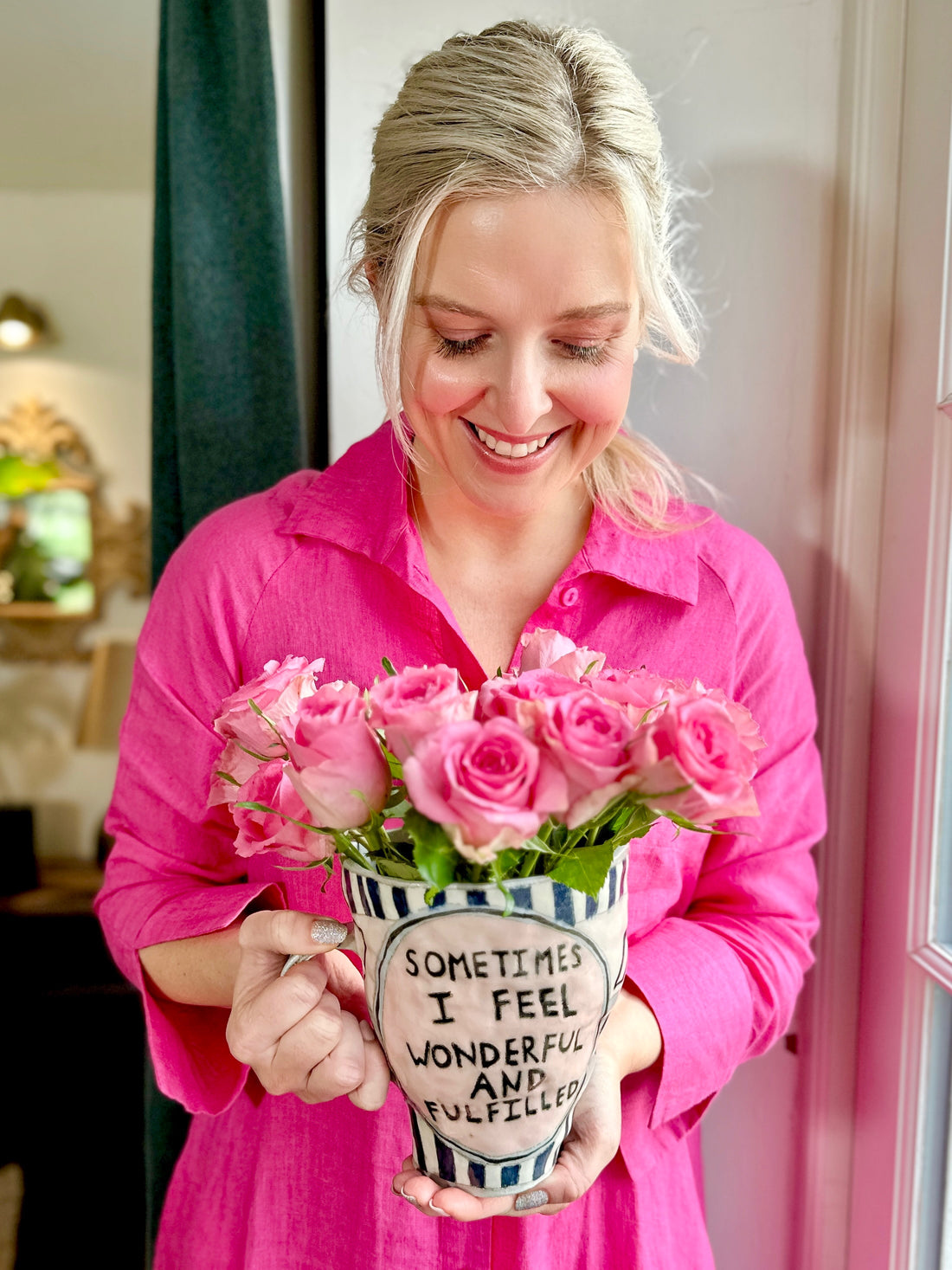 Rosehip Design Lucy Dress is a classic Shirt dress with 3/4 length sleeves, side pockets, front buttons and curved side slits. Made from 100% Linen in tasty Strawberry pink.