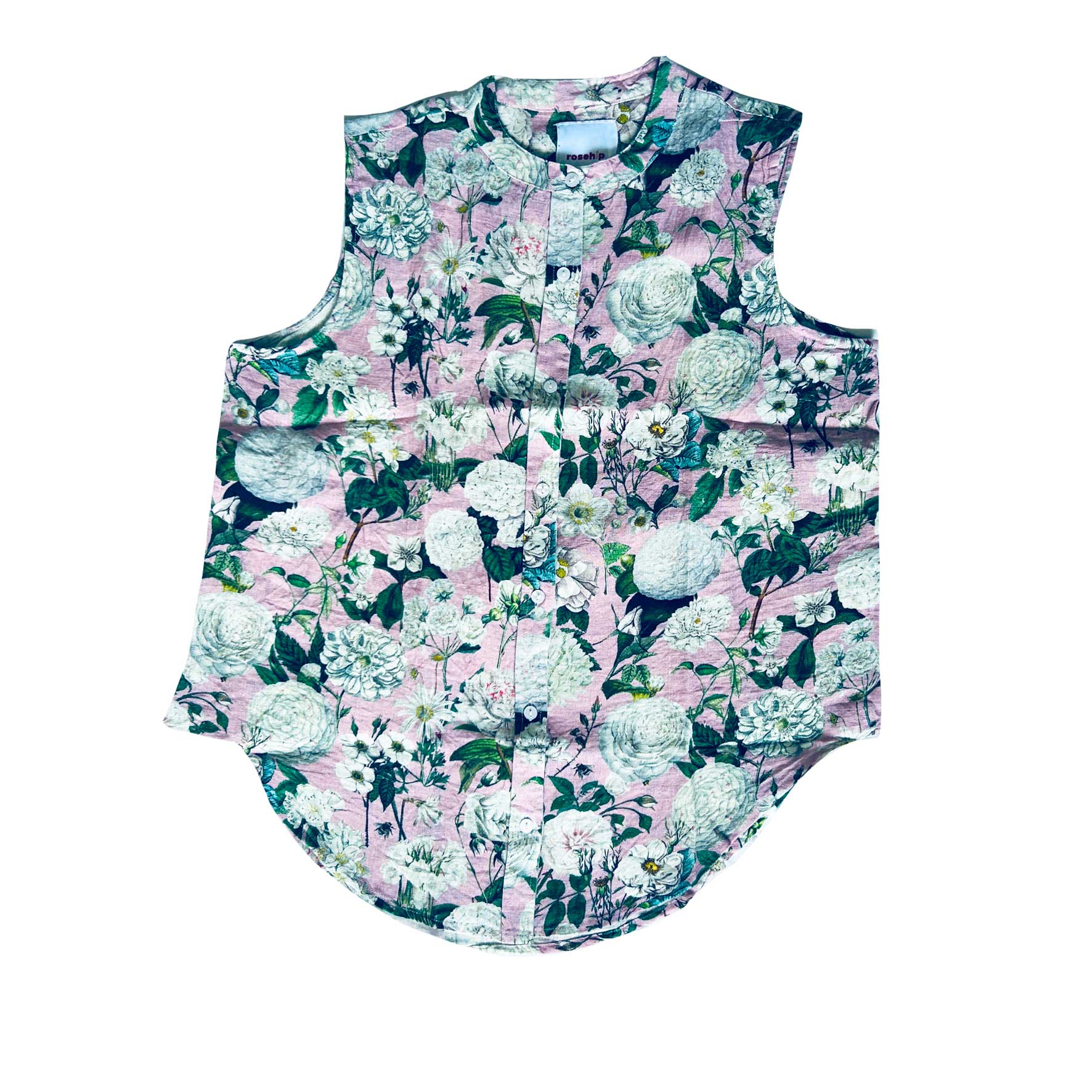 The Maeve is a fabulous sleeveless Linen shirt with buttons down the front and a beautifully curved hem. Available in Rosehip Design&