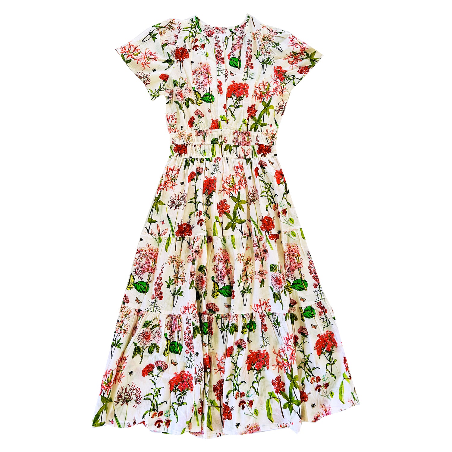 The Rosehip Design Margot cotton dress in Spring Blossom design is a beautifully feminine and effortless dress, designed for all-day comfort. Featuring a double elasticated waistband for a flattering fit, a flowing tiered skirt, and short capped sleeves, it blends elegance with ease. With the added practicality of pockets, it’s perfect for both casual outings and special occasions