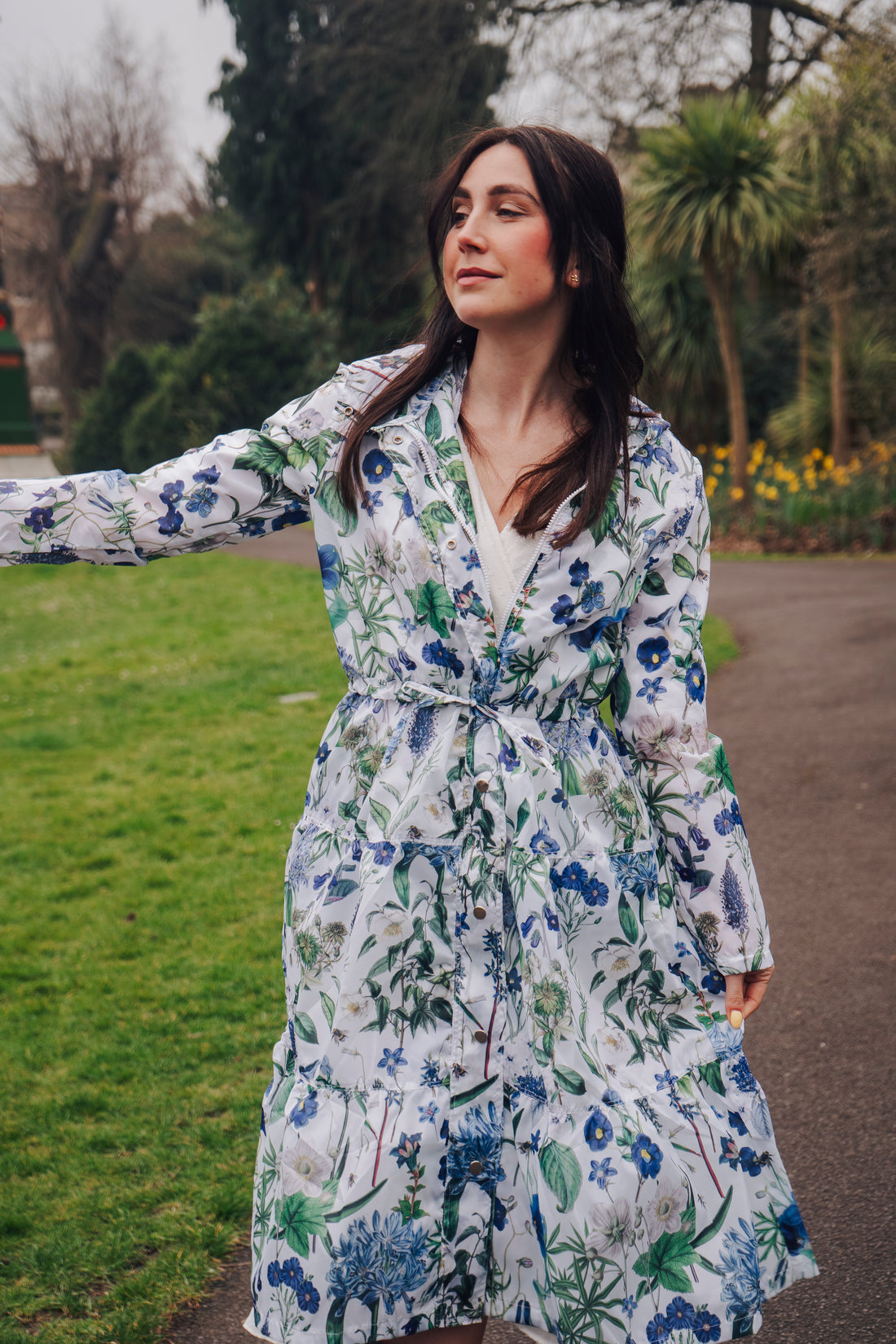 Beautiful light-weight calf length summer parka in our stunning blue hued Cobalt design. 
The Windsor Parka from Rosehip Design has a long tiered skirt, drawstring waist and fully lined hood.