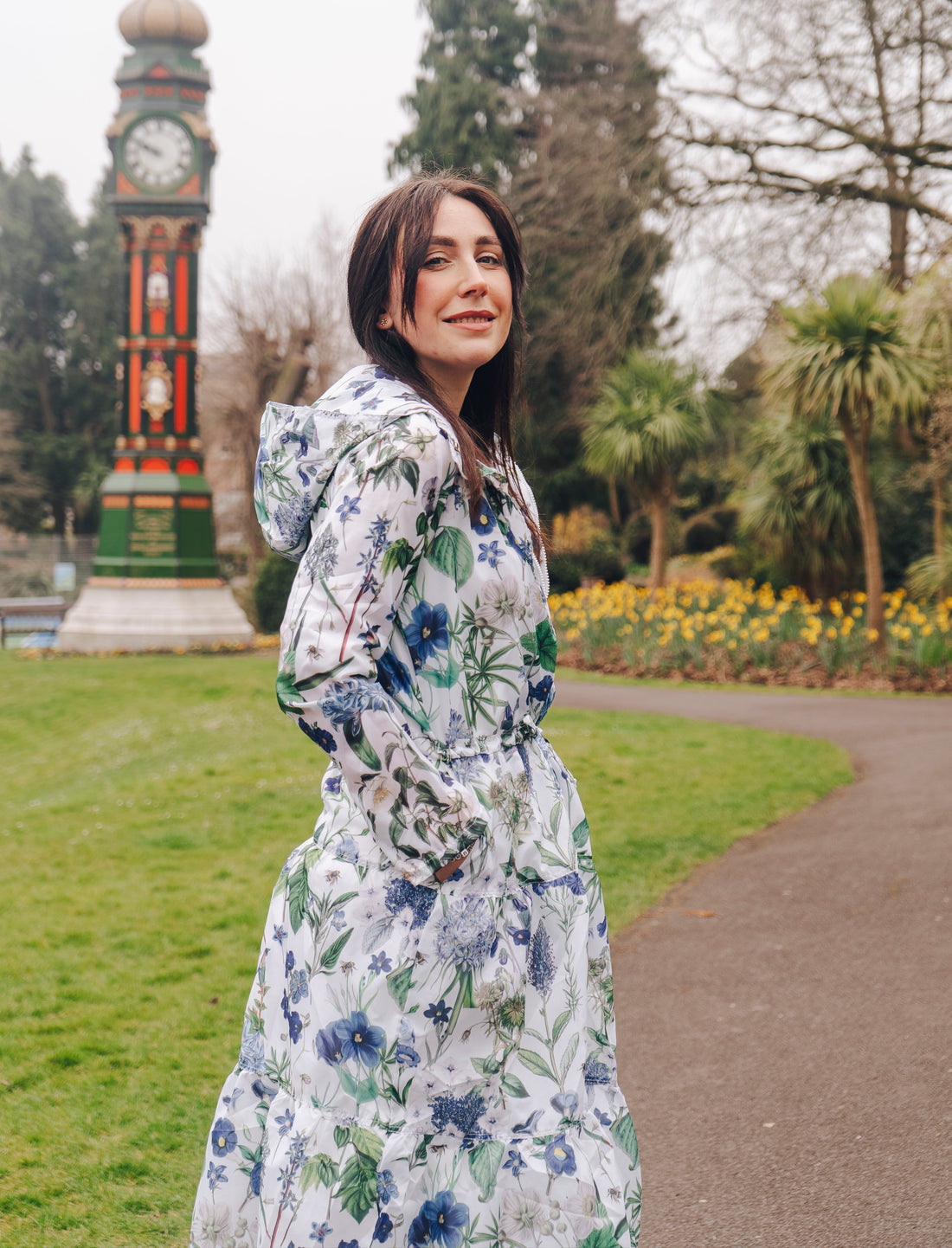 Beautiful light-weight calf length summer parka in our stunning blue hued Cobalt design. 
The Windsor Parka from Rosehip Design has a long tiered skirt, drawstring waist and fully lined hood.