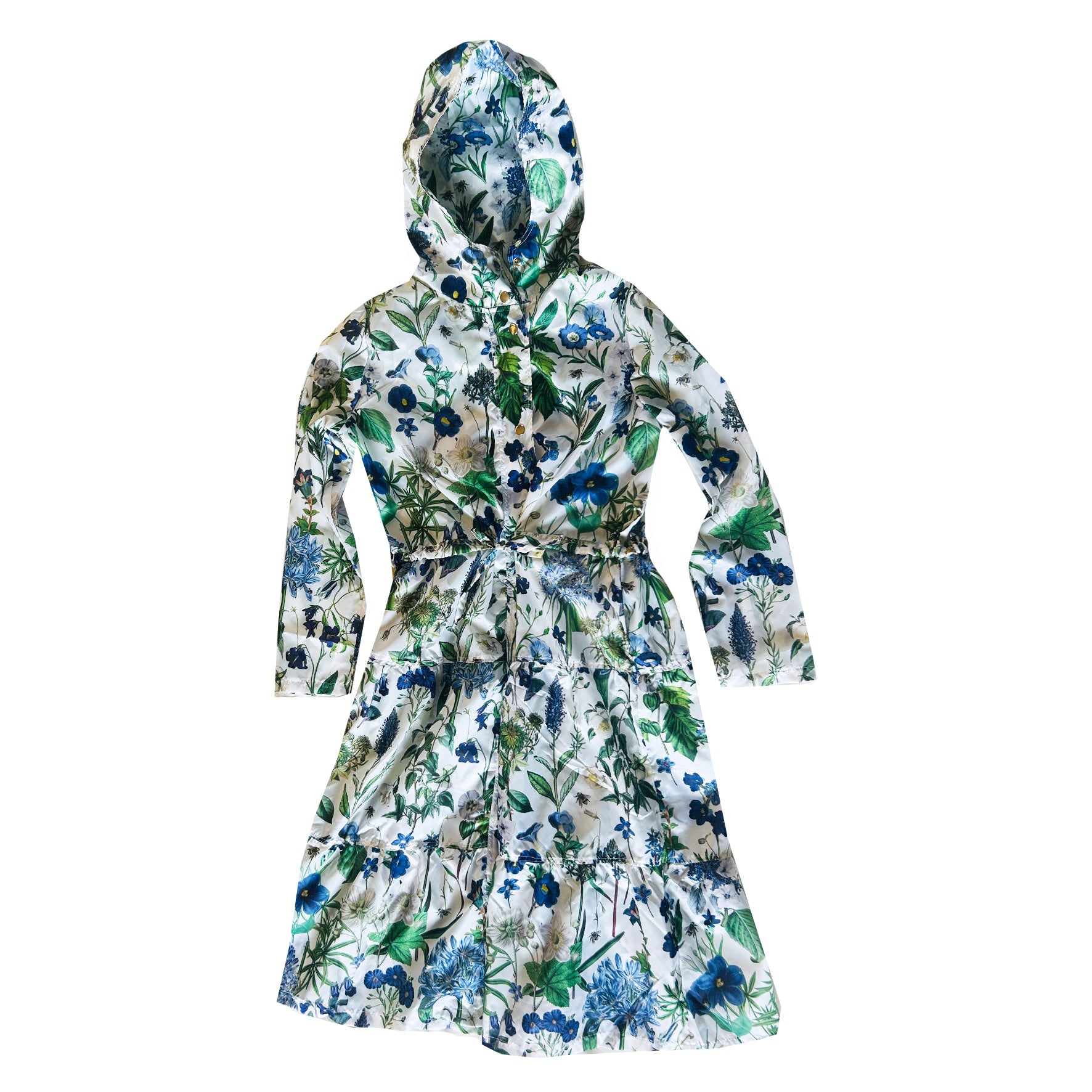 Beautiful light-weight calf length summer parka in our stunning blue hued Cobalt design. 

The Windsor Parka from Rosehip Design has a long tiered skirt, drawstring waist and fully lined hood.