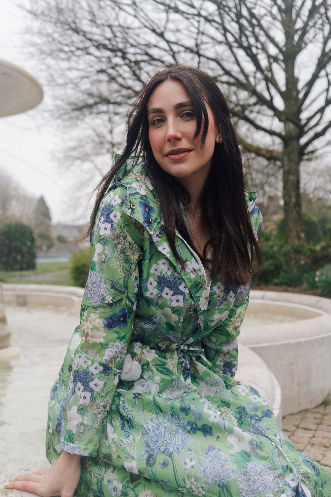 Beautiful light-weight calf length summer parka in a fresh Spring Green design. 
The Windsor Parka from Rosehip Design has a long tiered skirt, drawstring waist and fully lined hood.