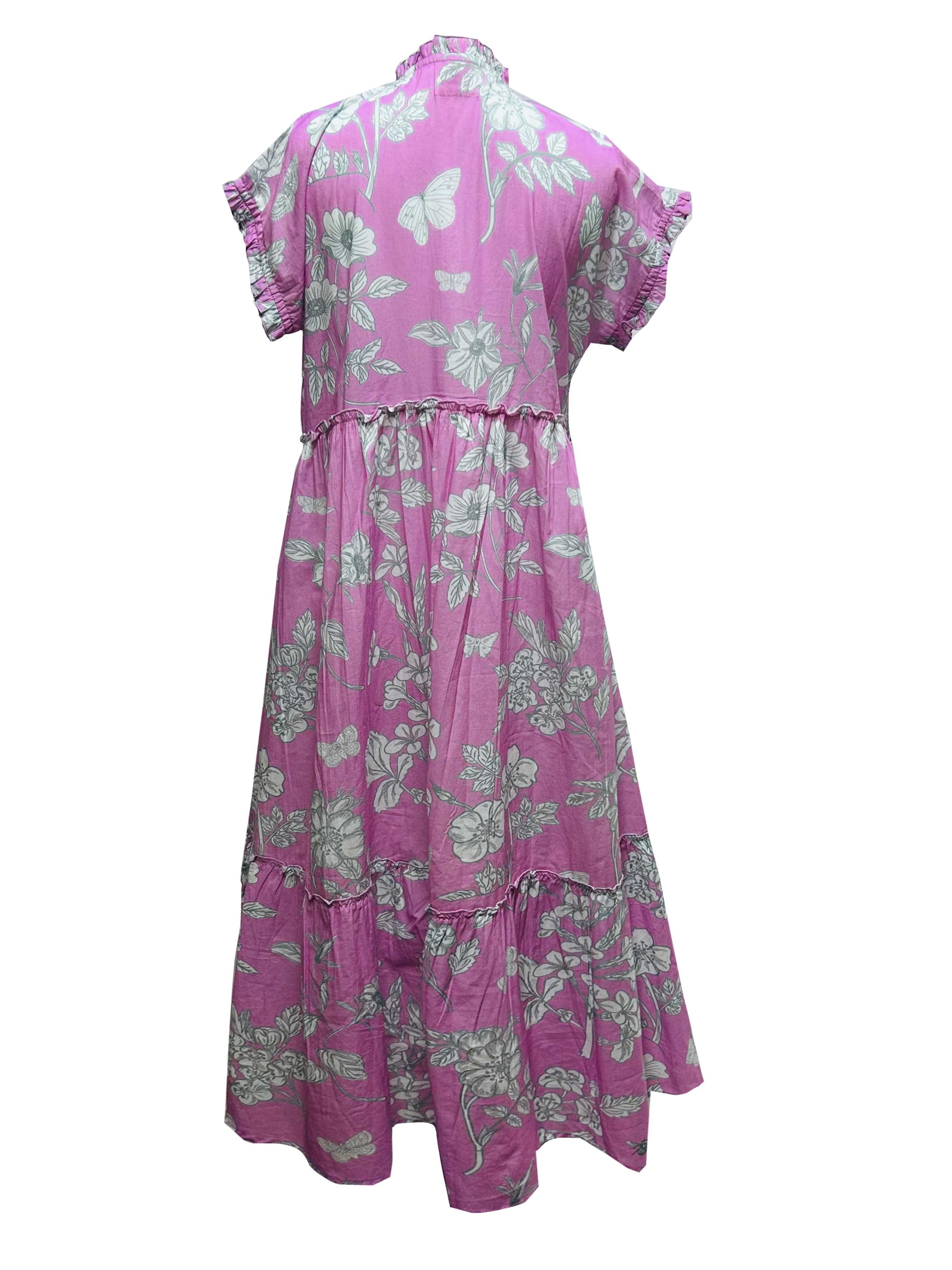 Rosehip Design Olivia is a beautiful cotton dress in our funky Aster Lilac print. The Olivia dress has short, capped sleeves with a rough frill. The skirt is tiered and has pockets.