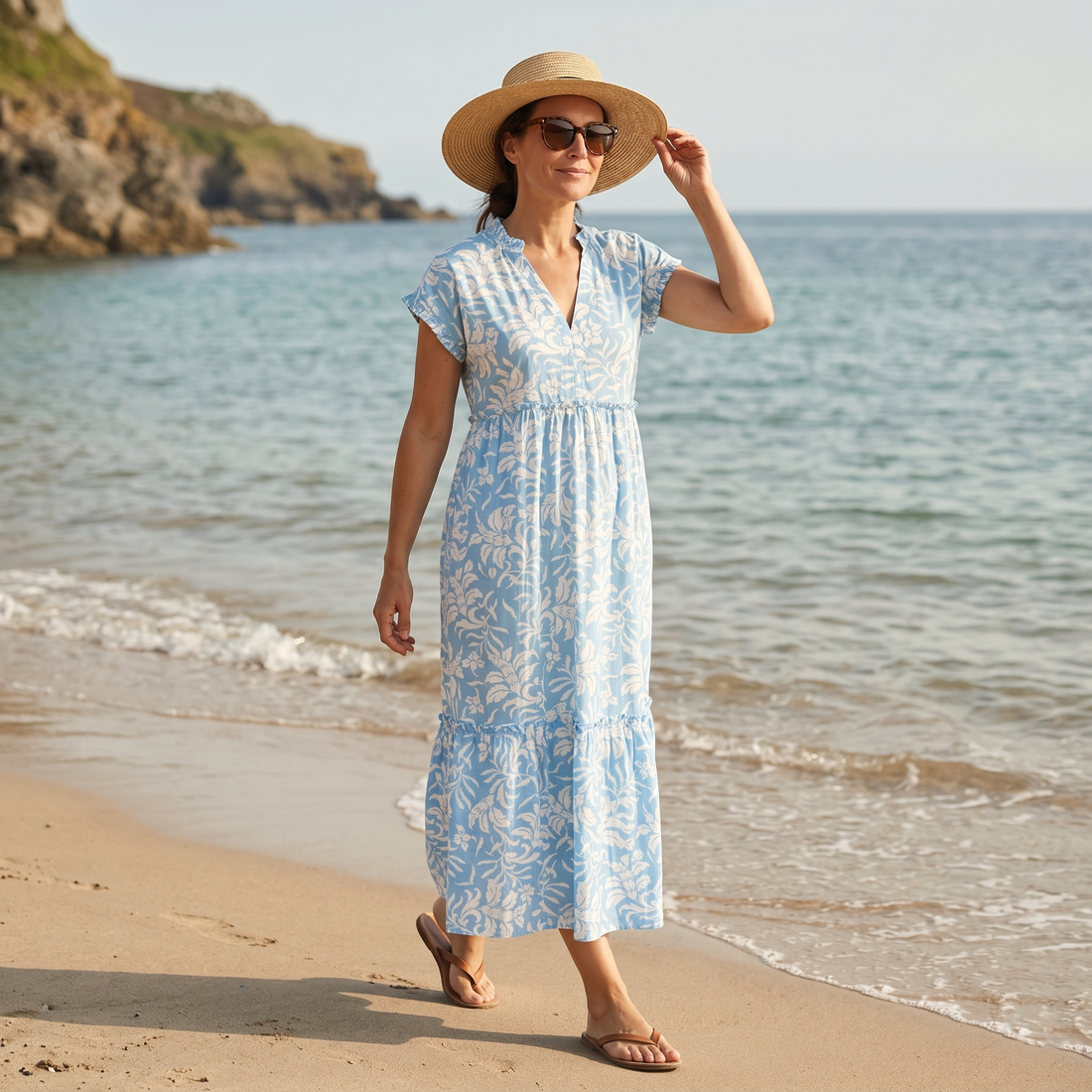 Olivia Cotton Dress - Leaf Aqua