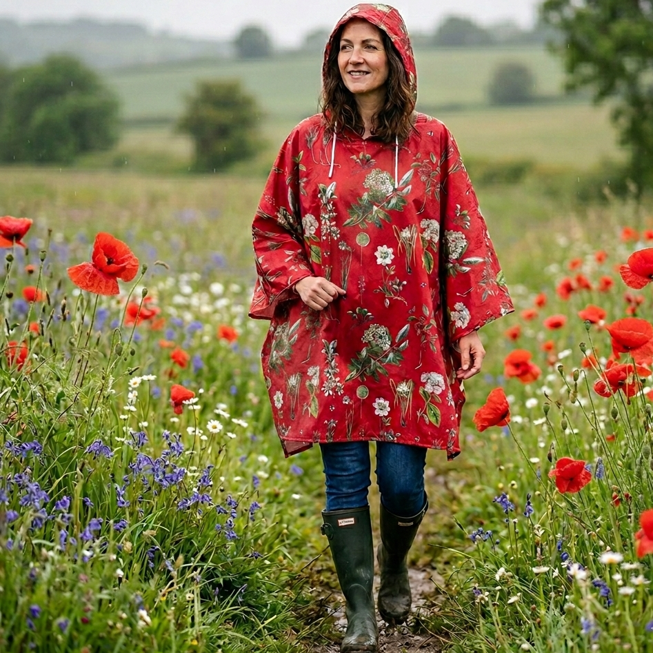 Woman in a red floral Rosehip Design Waterproof poncho walking through a field of flowers