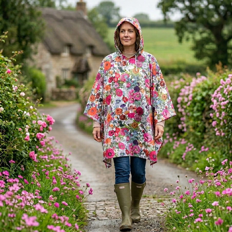 Woman wearing a colorful floral Rosehip Poncho walking along a path with flowers on either side.