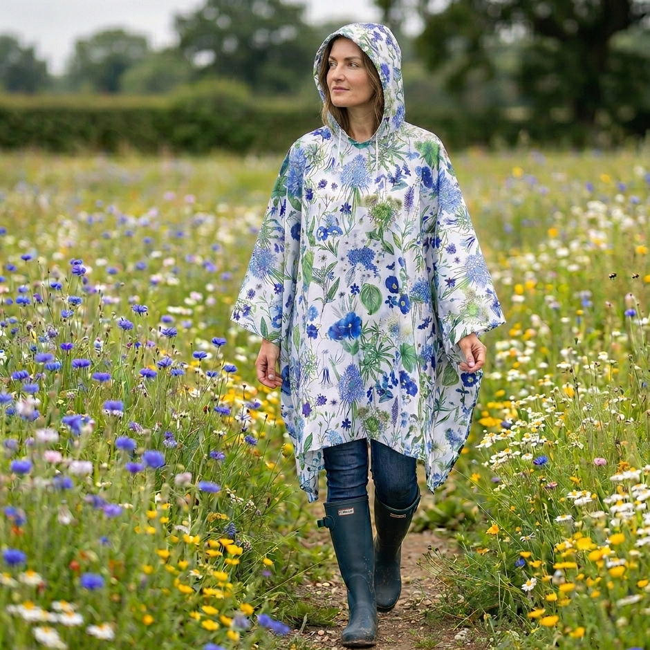 Woman walking through a field of flowers wearing a Rosehip Design floral rain poncho.