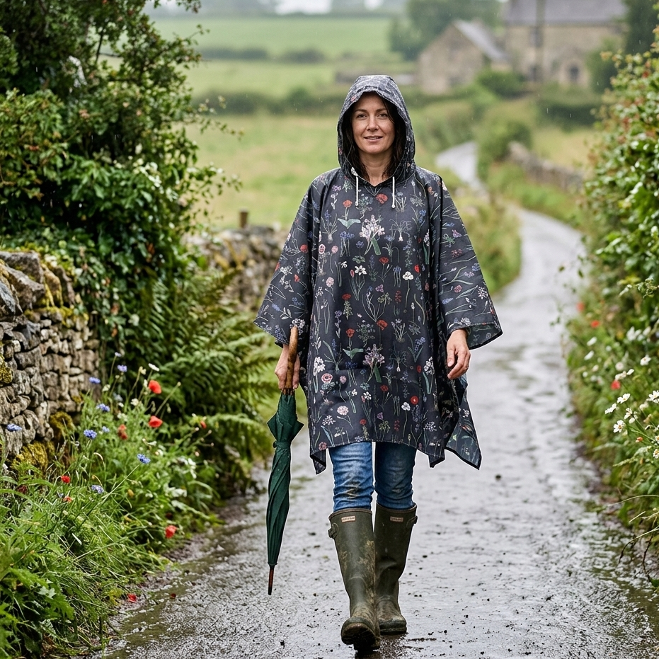 Woman in a floral Rosehip Poncho and wellies walking on a rural path.