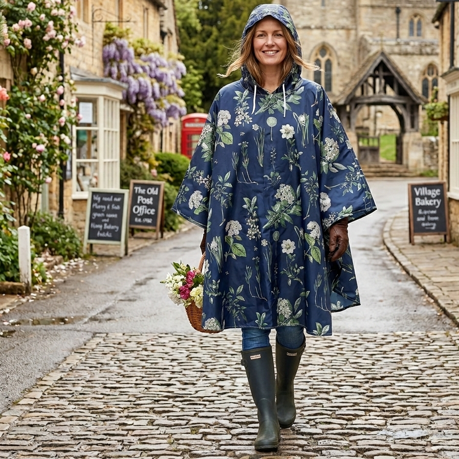 Woman in a floral rosehip waterproof poncho walking down a quaint village street.