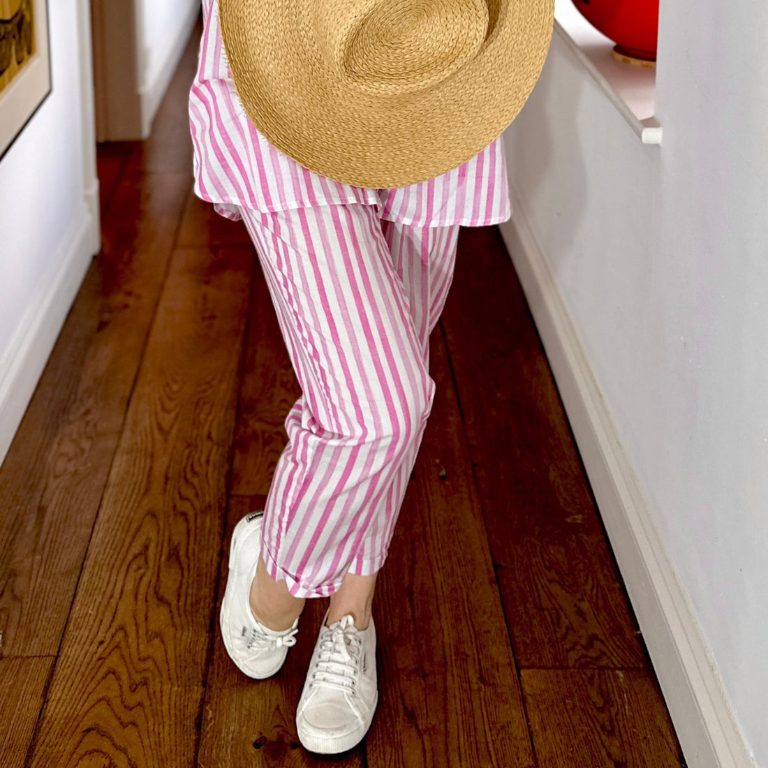 Rosehip Design Roma Trousers are comfortable and casual with an elasticated waist, pockets in the front and on the back. They are made from 100% soft Indian cotton and printed in a fun, washed pink, Candy stripe. Team with the Julia Shirt. 