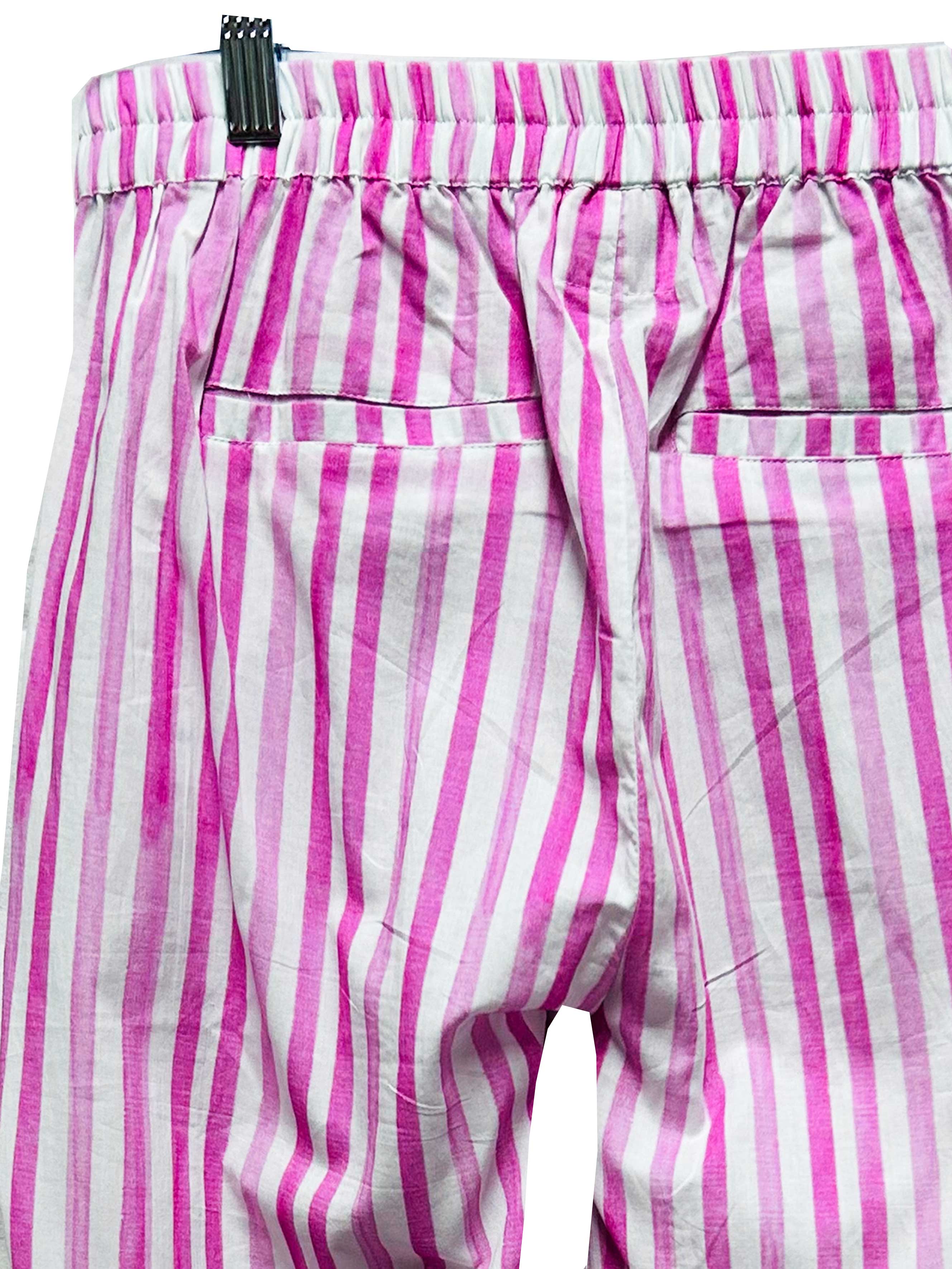 Rosehip Design Roma Trousers are comfortable and casual with an elasticated waist, pockets in the front and on the back. They are made from 100% soft Indian cotton and printed in a fun, washed pink, Candy stripe. Team with the Julia Shirt. 