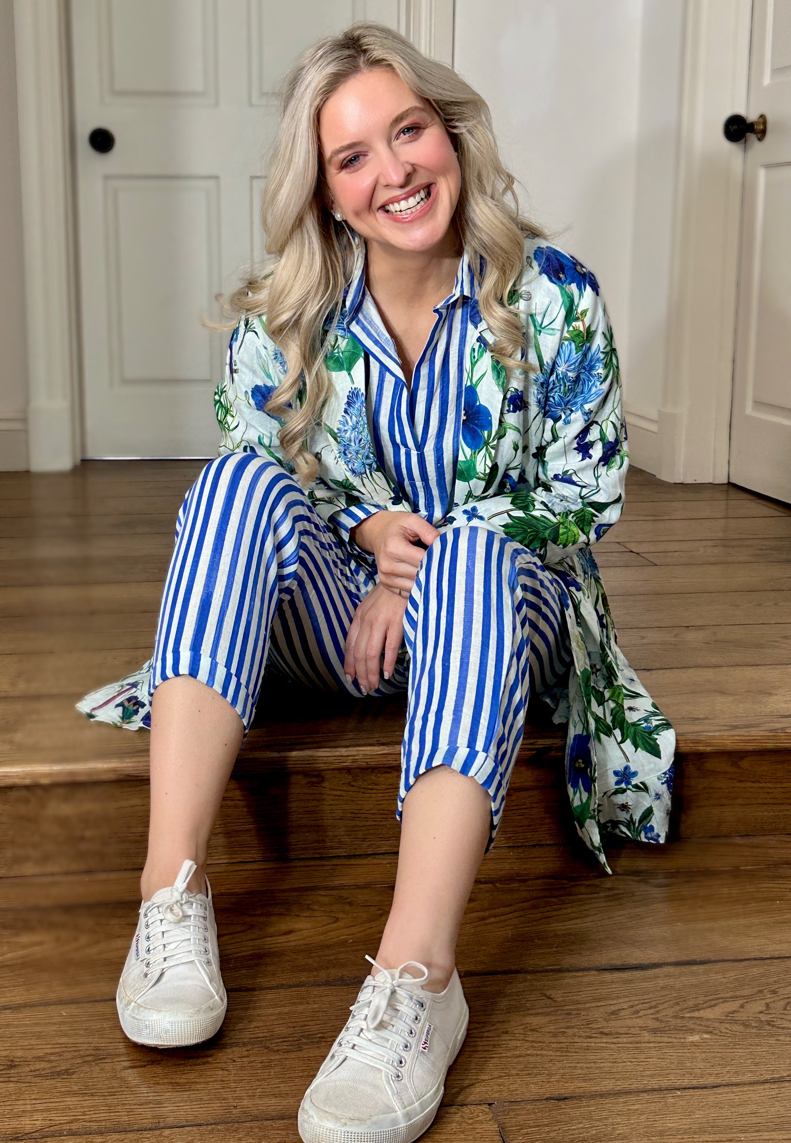 Rosehip Design Roma Trousers are comfortable and casual with an elasticated waist, pockets in the front and on the back. They are made from 100% soft Indian cotton and printed in a fun, washed blue, Marine stripe. Team with the Julia Shirt. 