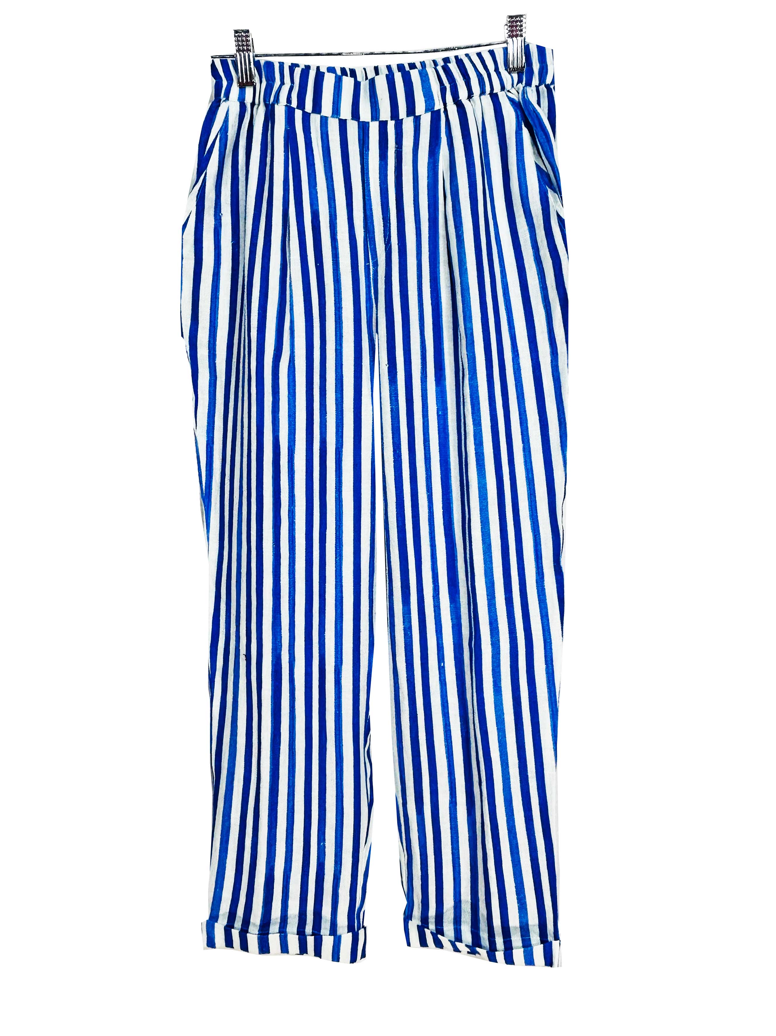 Rosehip Design Roma Trousers are comfortable and casual with an elasticated waist, pockets in the front and on the back. They are made from 100% soft Indian cotton and printed in a fun, washed blue, Marine stripe. Team with the Julia Shirt. 