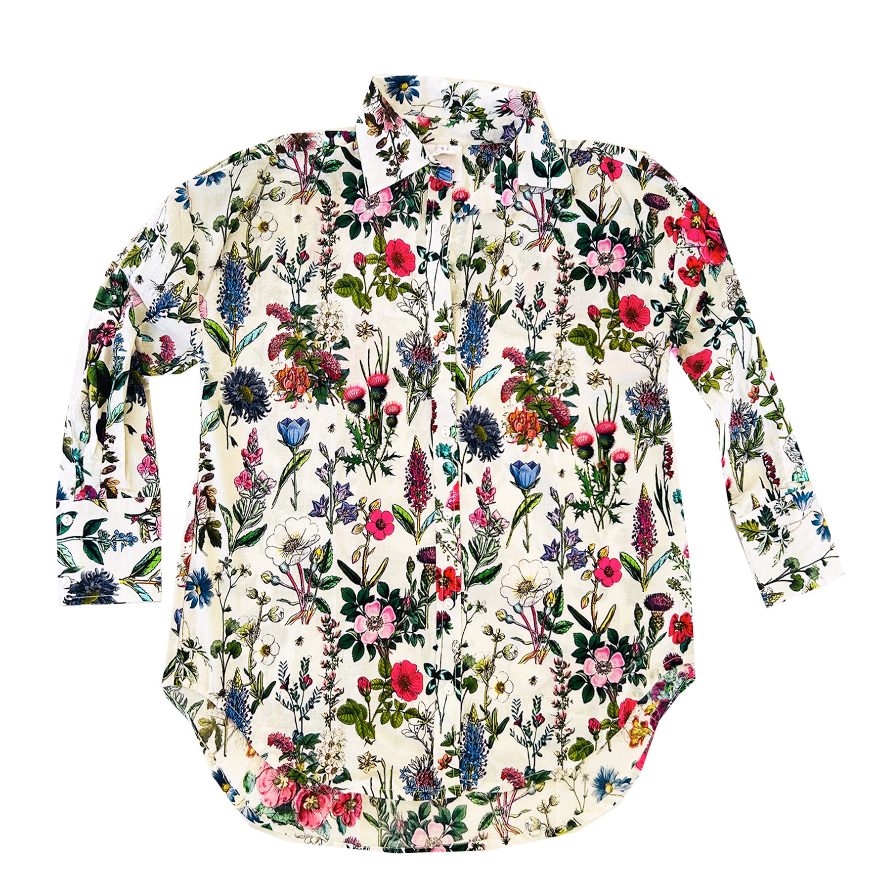 The Rosehip Design Sarah Cotton Shirt is a timeless wardrobe staple, made of soft cotton. It features a classic button-down front, elegant sleeves that end just before the wrist, and a gently curved hem for a relaxed yet polished look.

Featuring our vibrant Barcelona print, this shirt is a celebration of summer, bursting with lively hues and intricate floral patterns. Perfect for warm-weather styling, it pairs beautifully with the matching Sally Skirt for a coordinated ensemble, or just jeans.