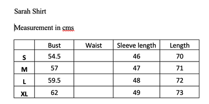 Rosehip Design Sarah Shirt Coral Gingham Sizing Guide