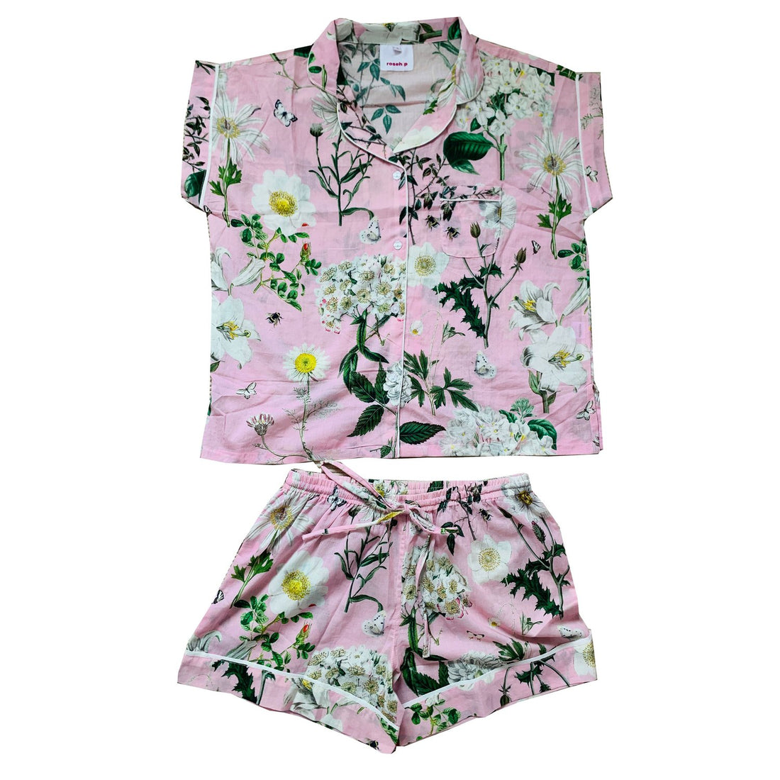 Rosehip Design Short Pyjamas in our calming Heavenly Rose print are made from 100% soft Indian cotton voile. The cuffs have contrast piping and the bottoms have drawstring as well as elastic. They are a comfy fit and come packaged in a matching drawstring bag.