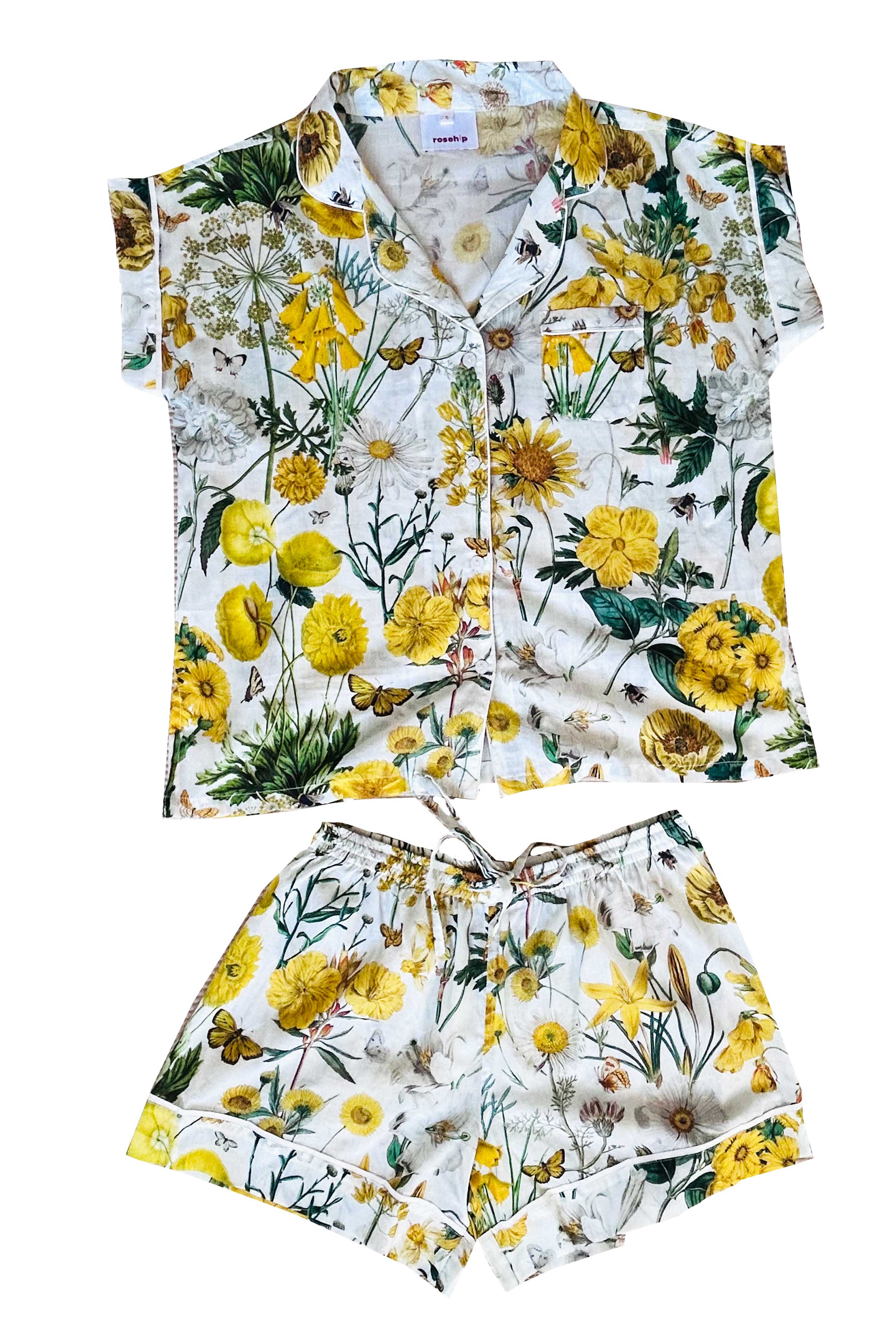 Rosehip Design Short Pyjamas in our sunny Mellow Yellow print are made from 100% soft Indian cotton voile. The cuffs have contrast piping and the bottoms have drawstring as well as elastic. They are a comfy fit and come packaged in a matching drawstring bag.