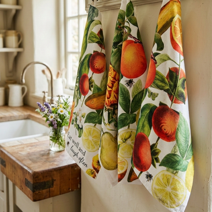 This stylish tea towel from Rosehip Design features a vibrant, vintage-inspired floral themed print.
Made from 100% cotton, this practical and highly absorbent essential makes drying dishes effortless.
Complete with a hanging loop, it is a durable, machine-washable accessory.
Also available in matching Apron and Heart Pot Holder.
