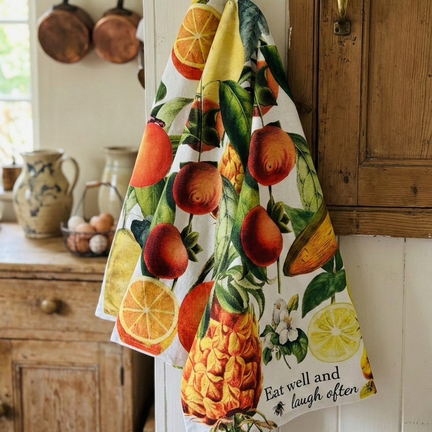 This stylish tea towel from Rosehip Design features a vibrant, vintage-inspired floral themed print.
Made from 100% cotton, this practical and highly absorbent essential makes drying dishes effortless.
Complete with a hanging loop, it is a durable, machine-washable accessory.
Also available in matching Apron and Heart Pot Holder.